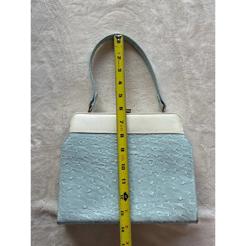 Blue Vintage Ostrich Embossed Frame Handbag Womens Medium Good